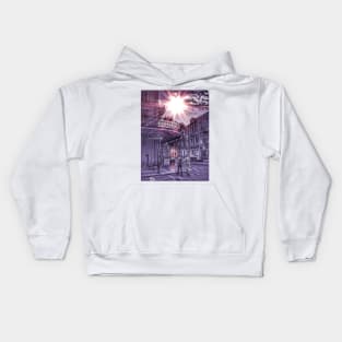 Monochromatic Purple Urban New Orleans Iconic Street Architecture with Sunny Cloudy Sky and Two Walking Humans Expressing Nola Love Kids Hoodie